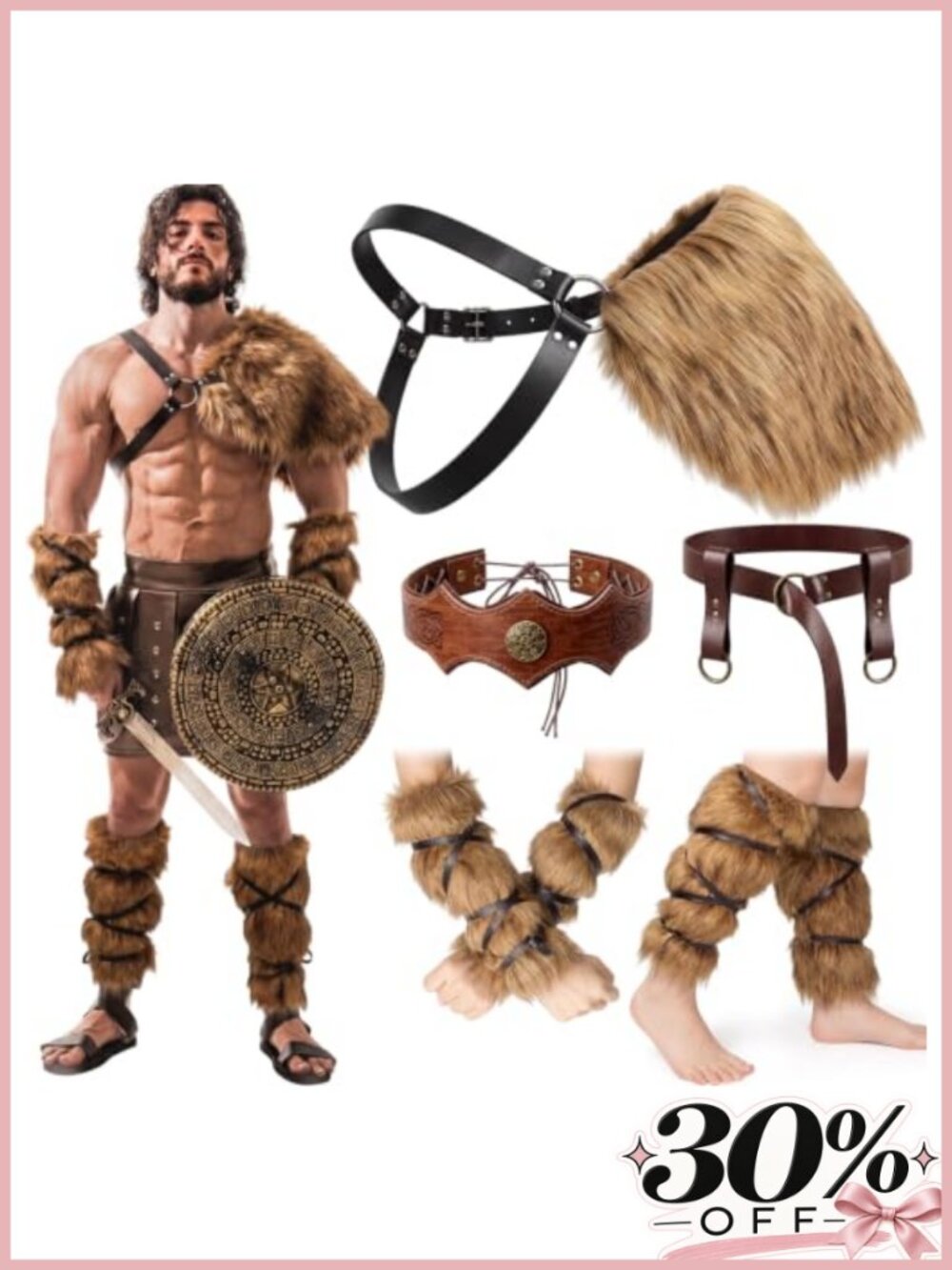 Mens Viking Costume Set Faux Fur Shoulder Armor Boot Covers Belt Headpiece